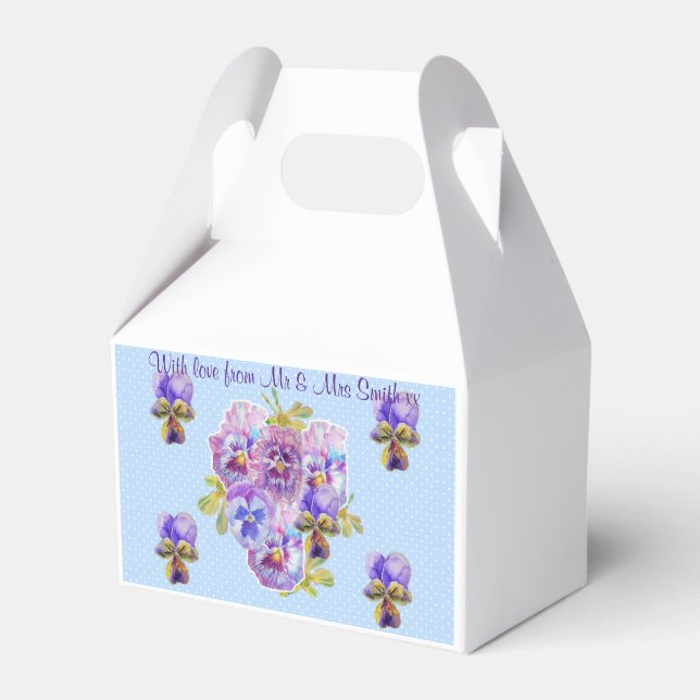Blue Pansy Dot Floral Wedding Cake Favor Box (Front Side)