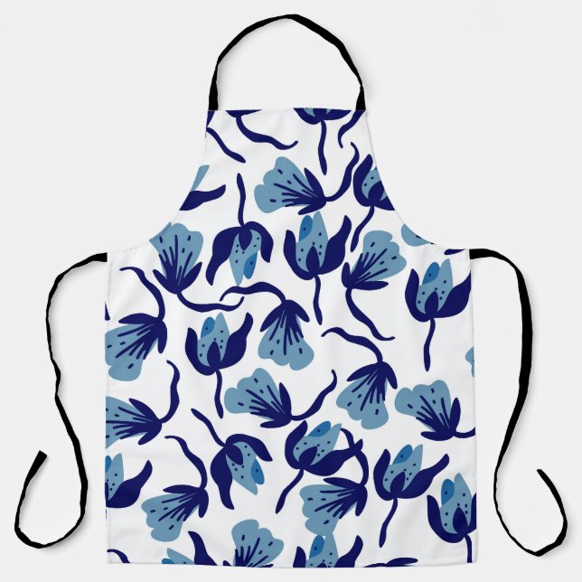 Blue Pansy Floral: Hand-Drawn Seamless. Apron (Front)