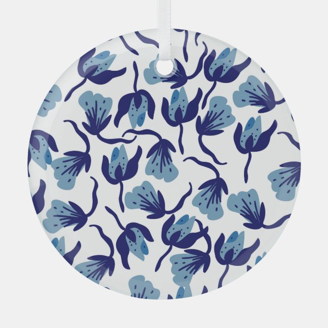Blue Pansy Floral: Hand-Drawn Seamless. Glass Ornament (Front)