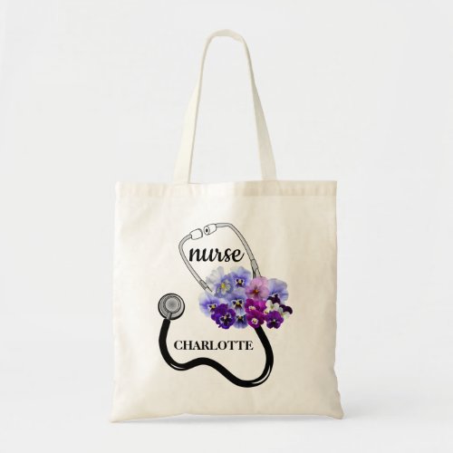 Blue  Pansy Floral Stethoscope Nurse Tote Bag