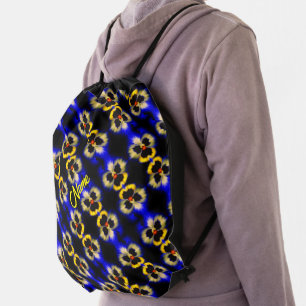 Blue Pansy Flower Abstract Pattern Personalized Drawstring Bag