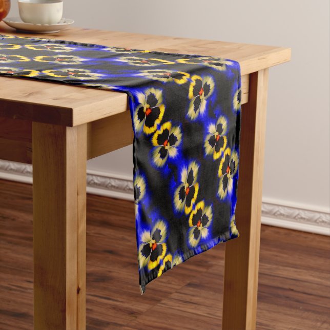 Blue Pansy Flower Abstract Pattern  Short Table Runner (In Situ)