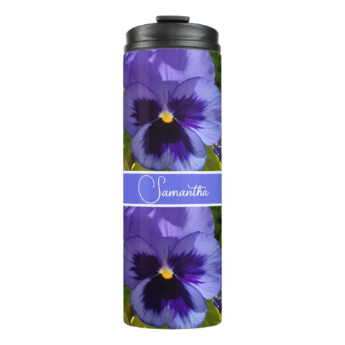 Blue Pansy Flower Floral Pattern Womans Name Thermal Tumbler