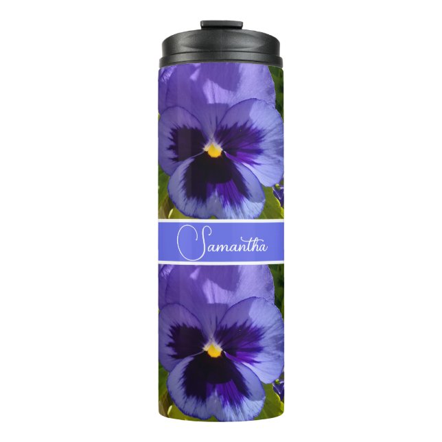 Blue Pansy Flower Floral Pattern Womans Name Thermal Tumbler (Front)