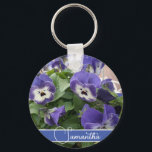 Blue Pansy Flower Floral Womans Name  Key Ring<br><div class="desc">Pansy Pattern,  with a fully customizable name. Designed from my original cat illustration.</div>