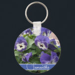 Blue Pansy Flower Floral Womans Name  Key Ring<br><div class="desc">Pansy Pattern,  with a fully customizable name. Designed from my original cat illustration.</div>