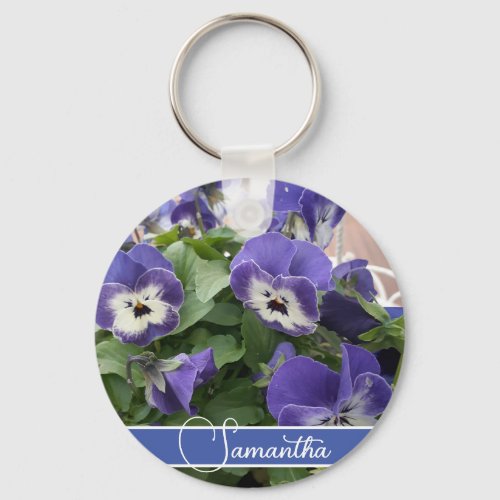 Blue Pansy Flower Floral Womans Name  Key Ring