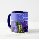 Blue Pansy Flower Floral Womans Name Mug<br><div class="desc">Pansy Pattern Woman's Kitchen Mug,  with a fully customizable name. Designed from my original cat illustration.</div>