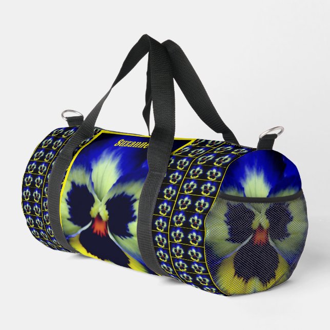 Blue Pansy Flower Personalized Duffle Bag (Right Corner)