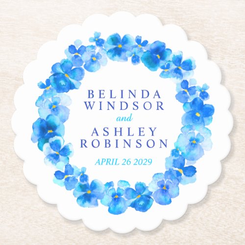 Blue pansy flower wreath watercolor art coasters