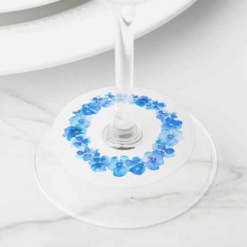 Blue pansy watercolor art flower wedding events wine glass tag