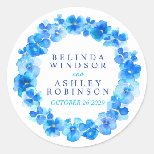 Blue pansy wreath personalized watercolor stickers