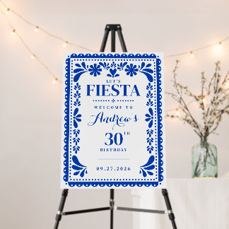 Blue Papel Picado Fiesta Birthday Welcome Sign