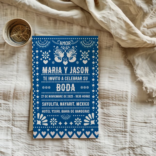 Blue Papel Picado Fiesta Folk Art Spanish Wedding Invitation (Blue Papel Picado Fiesta Folk Art Spanish Wedding Invitation)