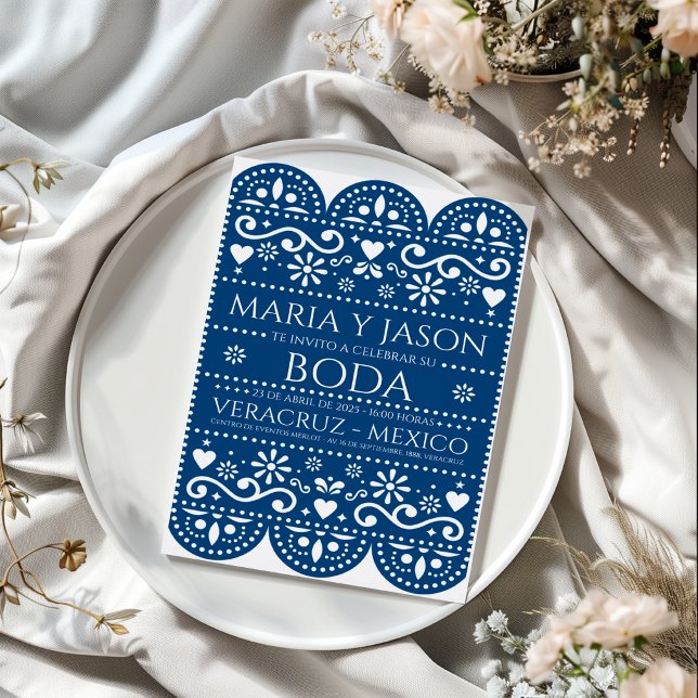 Blue Papel Picado Folk Art Spanish Wedding Invitation (Blue Papel Picado Folk Art Spanish Wedding Invitation)