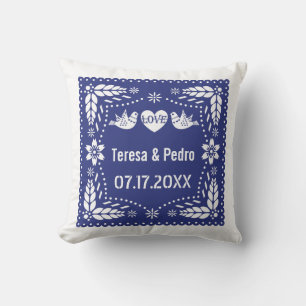 Blue papel picado love birds wedding fiesta throw pillow