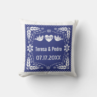 Blue papel picado love birds wedding fiesta throw pillow