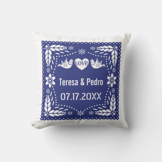 Blue papel picado love birds wedding fiesta throw pillow (Front)