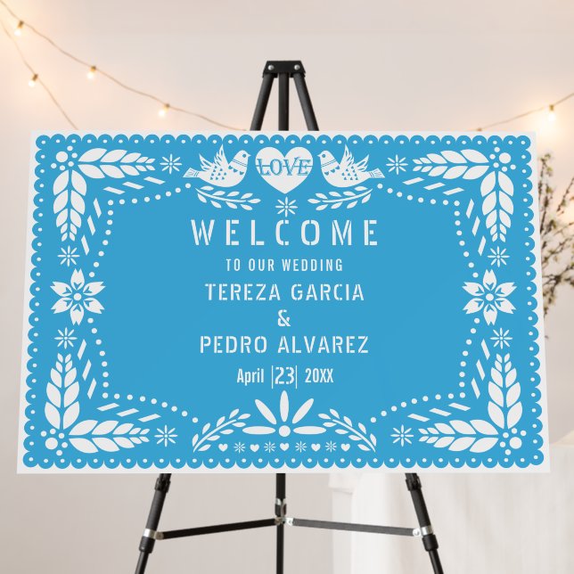 Blue Papel Picado lovebirds wedding welcome Foam Board (In Situ (Stand))