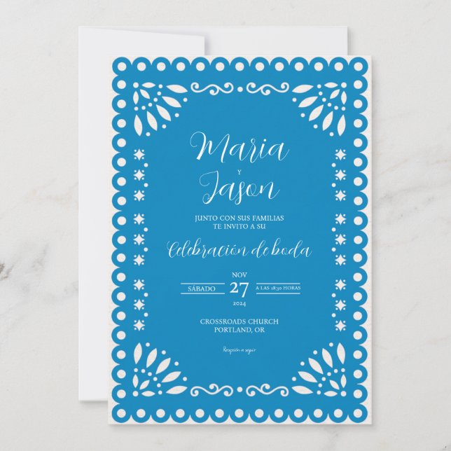 Blue Papel Picado Traditional Boda Spanish Wedding Invitation (Front)