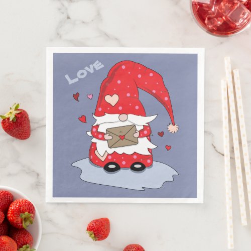 Blue Paper Napkins with Red Gnome and Hearts