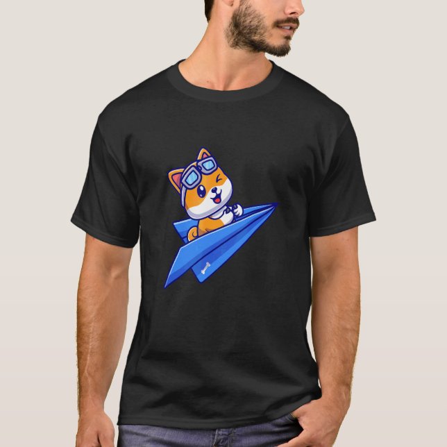Blue Paper Plane Flying Happy Cute Dog With Pilot  T-Shirt (Front)