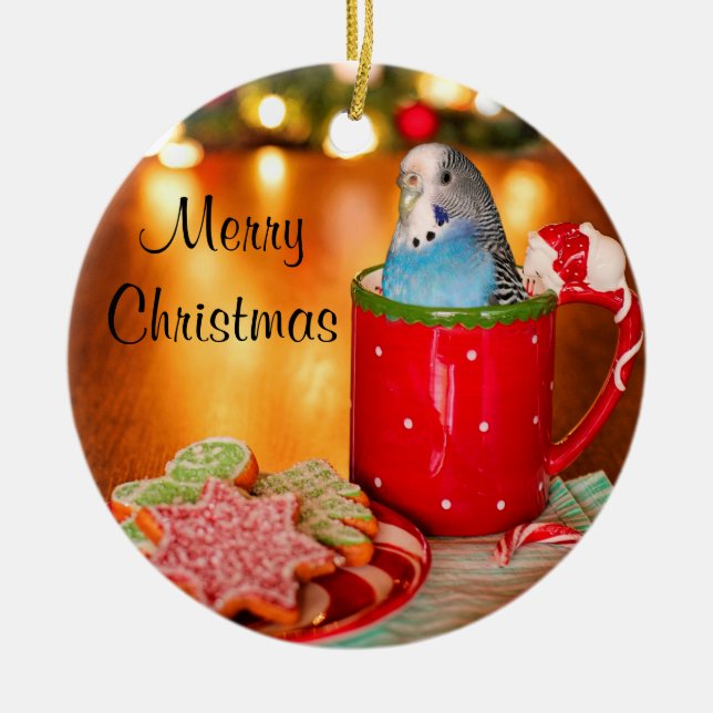 Blue Parakeet Christmas Ceramic Ornament (Front)