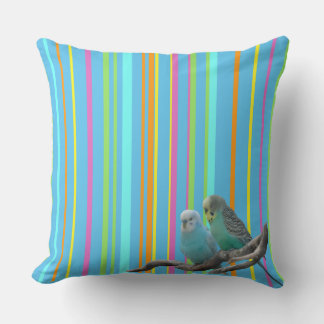 Blue Parakeets Stripes Pattern Cust. Throw Pillow