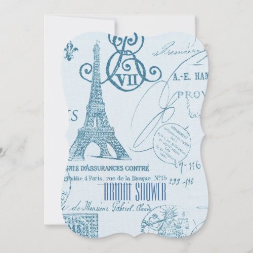 blue paris eiffel tower vintage bridal shower invitation