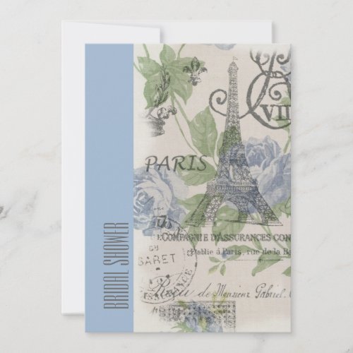 blue paris eiffel tower vintage bridal shower invitation