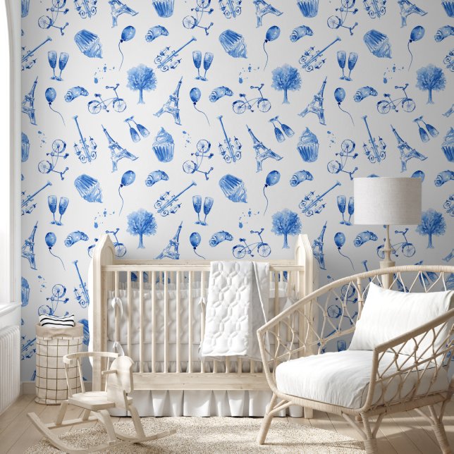 Blue Paris Eiffel Tower Wall Covering  Wallpaper (Kids)