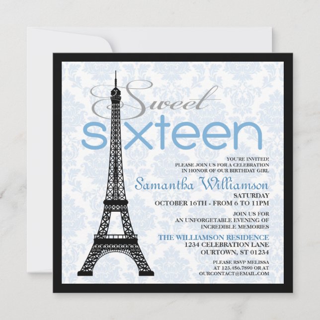 Blue Paris Sweet 16 Invitations (Front)