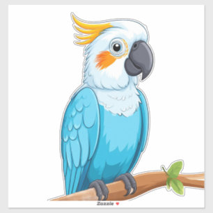 Blue Parrot Cartoon on Branch Sticker