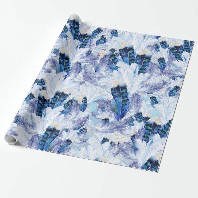 Blue Parrot Feather Pattern Wrapping Paper (Unrolled)