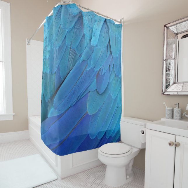 Blue parrot feathers pattern shower curtain (In Situ)
