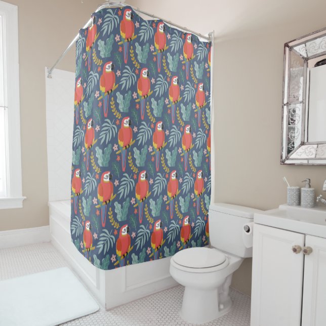 Blue Parrot Land Tropical Pattern Shower Curtain (In Situ)