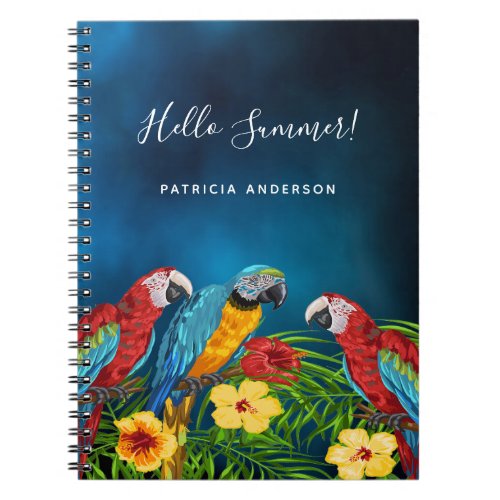 Blue parrots birds florals hello summer notebook