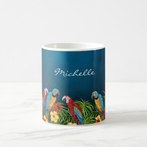 Blue parrots birds leaves summer name coffee mug