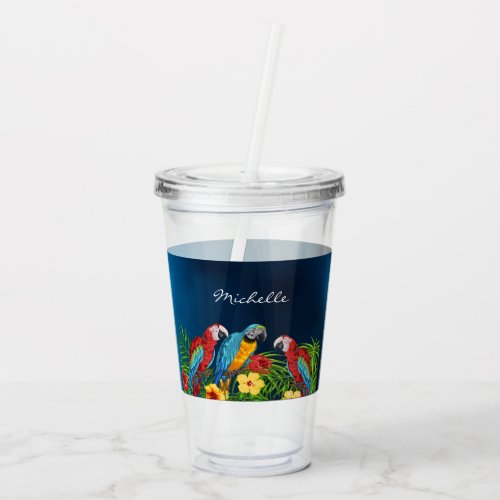 Blue parrots birds leaves summer party name acrylic tumbler