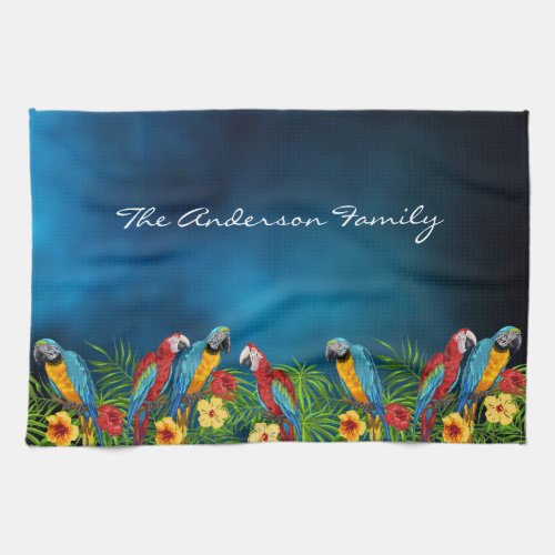 Blue parrots birds tropical family name kitchen towel