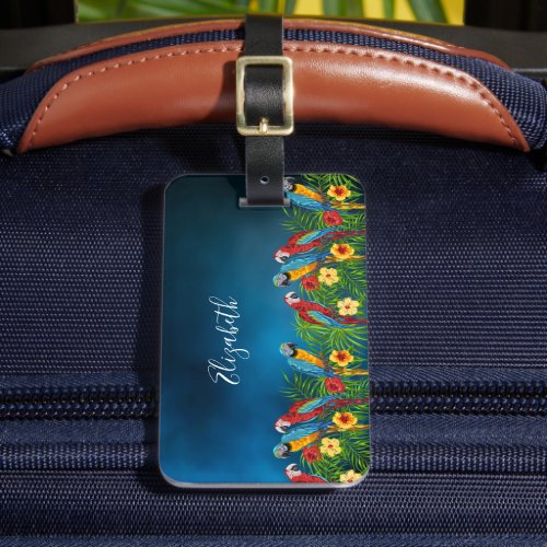 Blue parrots birds tropical name luggage tag