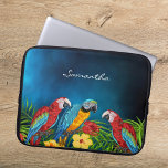 Blue parrots palm foliage monogram laptop sleeve<br><div class="desc">Tropical birds,  parrots in blue,  yellow and red sitting on green palm leaves.  Decorated with tropical flowers. A dark blue sky as background. The blue color is uneven. Template for a name,  white hand lettered style script.</div>