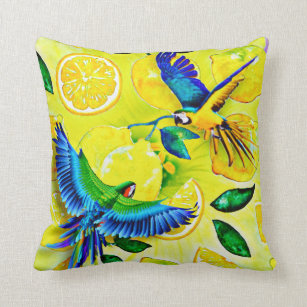 blue parrots throw pillow