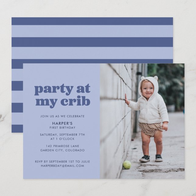 Blue Party at My Crib 1st Birthday Party Invitation (Front/Back)