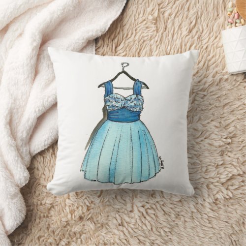 Blue Party Dress Vintage Retro Prom Fashion 1950s Throw Pillow