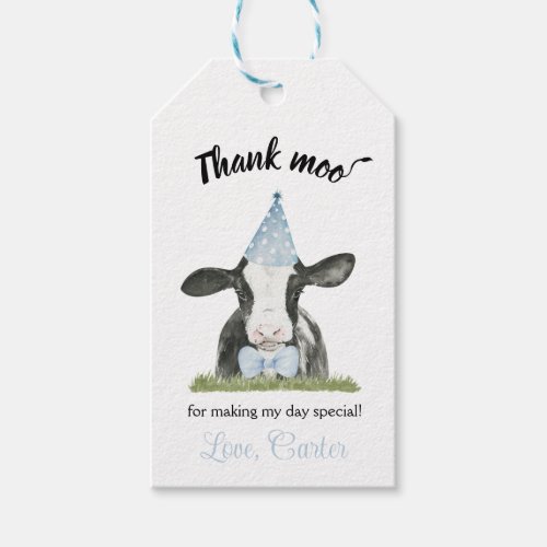 Blue Party hat cow with Cow Print Birthday favor  Gift Tags