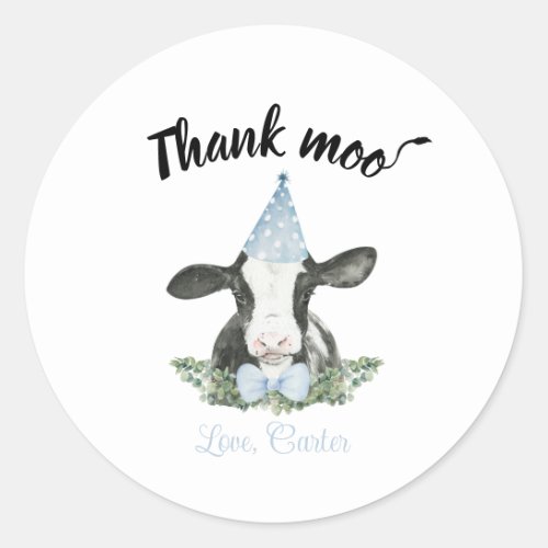Blue Party hat cow with Cow Print Invitation  Classic Round Sticker