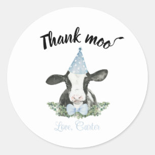 Blue Party hat cow with Cow Print Invitation Classic Round Sticker