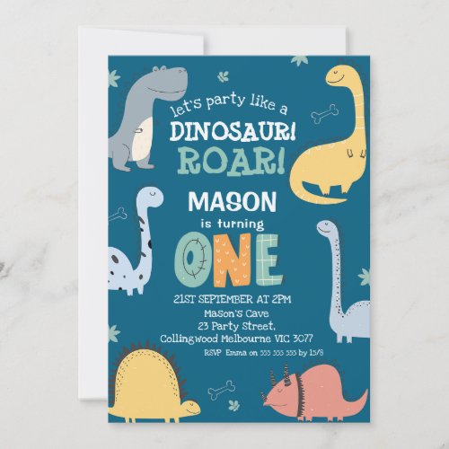 Blue Party Like a Dinosaur 1st Birthday invitation