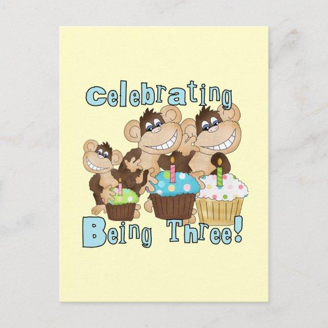 Blue Party Monkeys 3rd Birthday T-shirts and Gifts Invitation Postcard (Front)